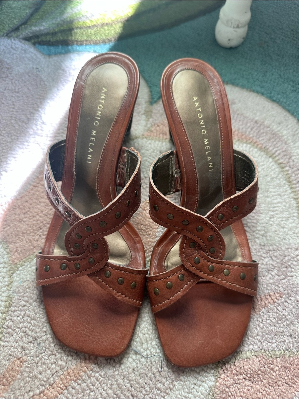 ANTONIO MELANI Brown Leather Studded Slide Heels